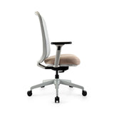 The product is an ergonomic office chair, designed for comfort and support during long hours of sitting. The chair features a mesh backrest for breathability, a cushioned seat, and adjustable armrests. Its modern design includes a five-point base with wheels for mobility.