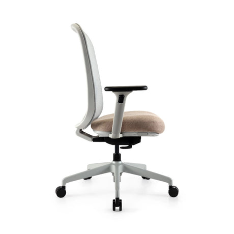 The product is an ergonomic office chair, designed for comfort and support during long hours of sitting. The chair features a mesh backrest for breathability, a cushioned seat, and adjustable armrests. Its modern design includes a five-point base with wheels for mobility.