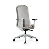 The image features an ergonomic office chair with a modern design. It has a mesh back for breathability and a padded seat for comfort. The chair is mounted on a wheeled base for mobility and includes adjustable armrests. The overall aesthetic is sleek and contemporary, suitable for a professional workspace.