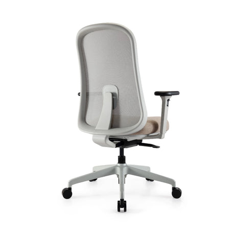 The image features an ergonomic office chair with a modern design. It has a mesh back for breathability and a padded seat for comfort. The chair is mounted on a wheeled base for mobility and includes adjustable armrests. The overall aesthetic is sleek and contemporary, suitable for a professional workspace.
