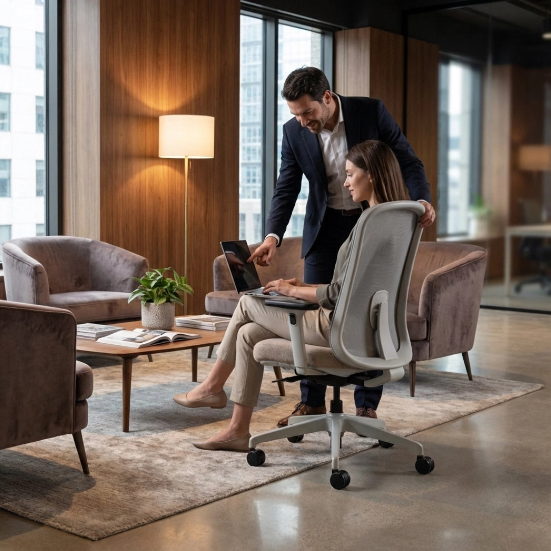 The image features an ergonomic office chair, designed for comfort and support during long hours of work. It appears to be a modern model, likely from a well-known brand, given its sleek design. In the scene, a man is standing beside a woman who is seated in the chair, working on a laptop, while they are engaged in discussion. The