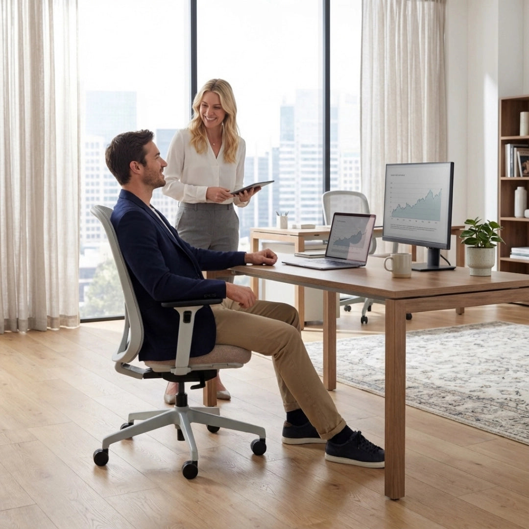 The image features an ergonomic office chair, designed for comfort and support during long hours of work. A man is seated in the chair at a modern desk, while a woman stands nearby, holding a tablet. The workspace is bright and contemporary, with large windows showcasing a city view, and there are two computers on the desk displaying data graphs.