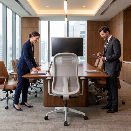The image features an ergonomic office chair, designed for comfort and support during long hours of work. The chair is positioned at a modern conference table, with a woman working on a laptop and a man holding a tablet, suggesting a professional office environment. The overall setting conveys a sleek and contemporary aesthetic.