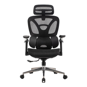 The product is an ergonomic office chair, specifically the Trek Plus model. The chair features a sleek black mesh design, providing breathability and comfort. It includes adjustable armrests and a supportive headrest, making it suitable for long hours of use. The base has a polished finish with wheels for easy mobility.