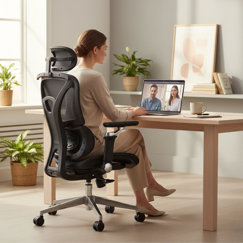 The image features an ergonomic office chair model "Trek Plus." It showcases a woman sitting at a desk, engaged in a video call on her laptop. The chair has a modern design with a mesh back for breathability and adjustable features, set in a well-lit room with plants and a minimalist decor.
