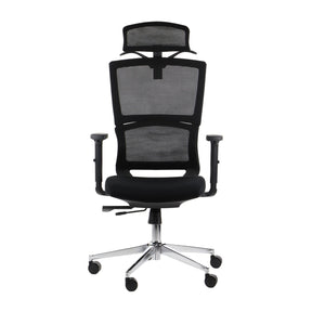 The product is an ergonomic office chair, specifically the Trent model. The chair features a high backrest with a mesh design for breathability, adjustable armrests, and a cushioned seat. It is supported by a chrome base with wheels for mobility, making it suitable for office environments.