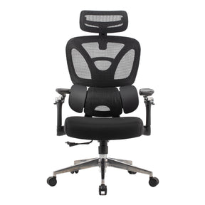 The product is an ergonomic office chair designed for comfort and support during long hours of sitting. It features a mesh backrest for breathability, adjustable armrests, and a cushioned seat. The chair has a modern design with a sleek black finish and a sturdy base with wheels for mobility.