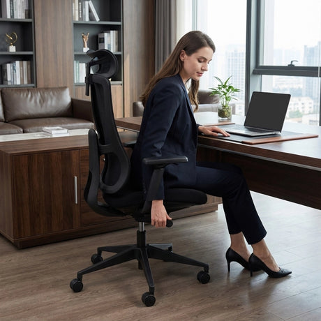 The product is an ergonomic office chair, specifically the Valor model. The image shows a woman in a business suit sitting comfortably in the chair at a modern desk, working on a laptop. The office environment features wooden furniture and large windows, creating a professional atmosphere.