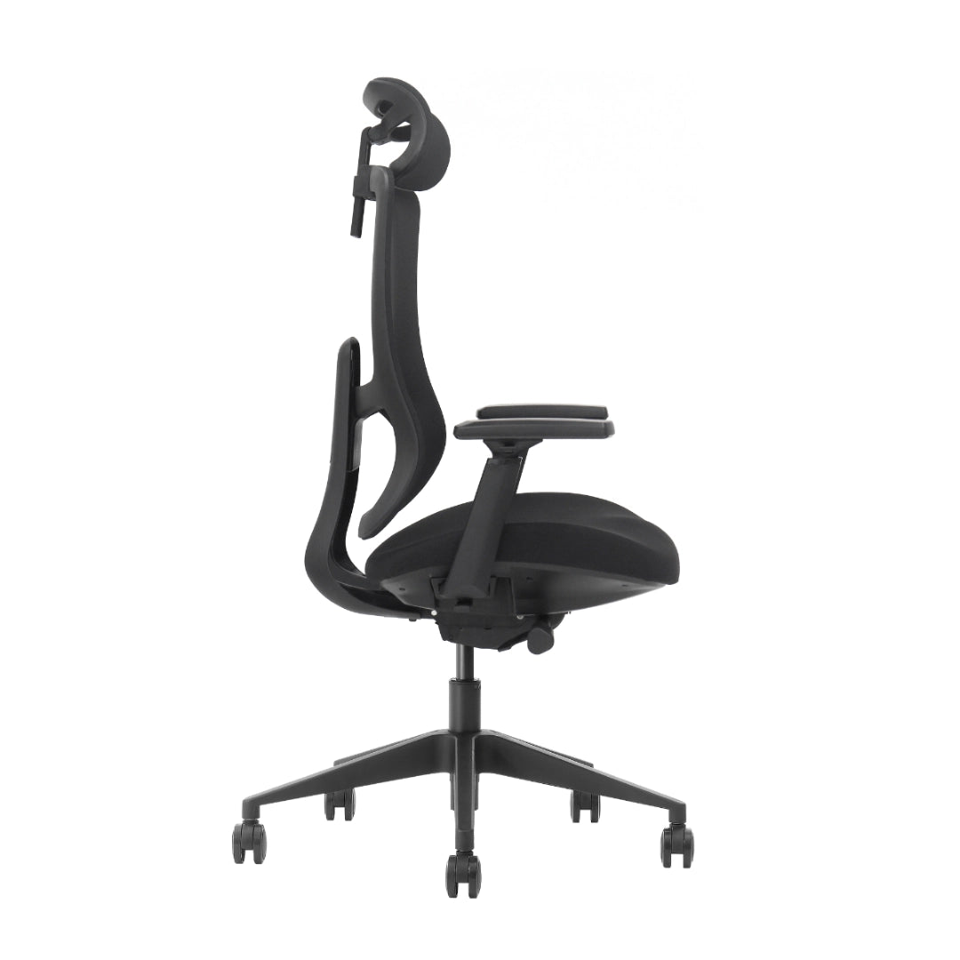 The product is an ergonomic office chair from the brand Valor. The image shows the chair from a side view, highlighting its sleek design, adjustable armrests, and a supportive backrest that promotes good posture. The chair features a five-star base with wheels for mobility.