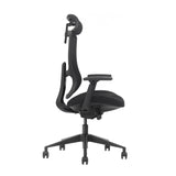 The product is an ergonomic office chair from the brand Valor. The image shows the chair from a side view, highlighting its sleek design, adjustable armrests, and a supportive backrest that promotes good posture. The chair features a five-star base with wheels for mobility.