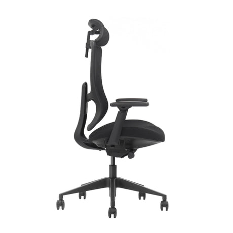 The product is an ergonomic office chair from the brand Valor. The image shows the chair from a side view, highlighting its sleek design, adjustable armrests, and a supportive backrest that promotes good posture. The chair features a five-star base with wheels for mobility.