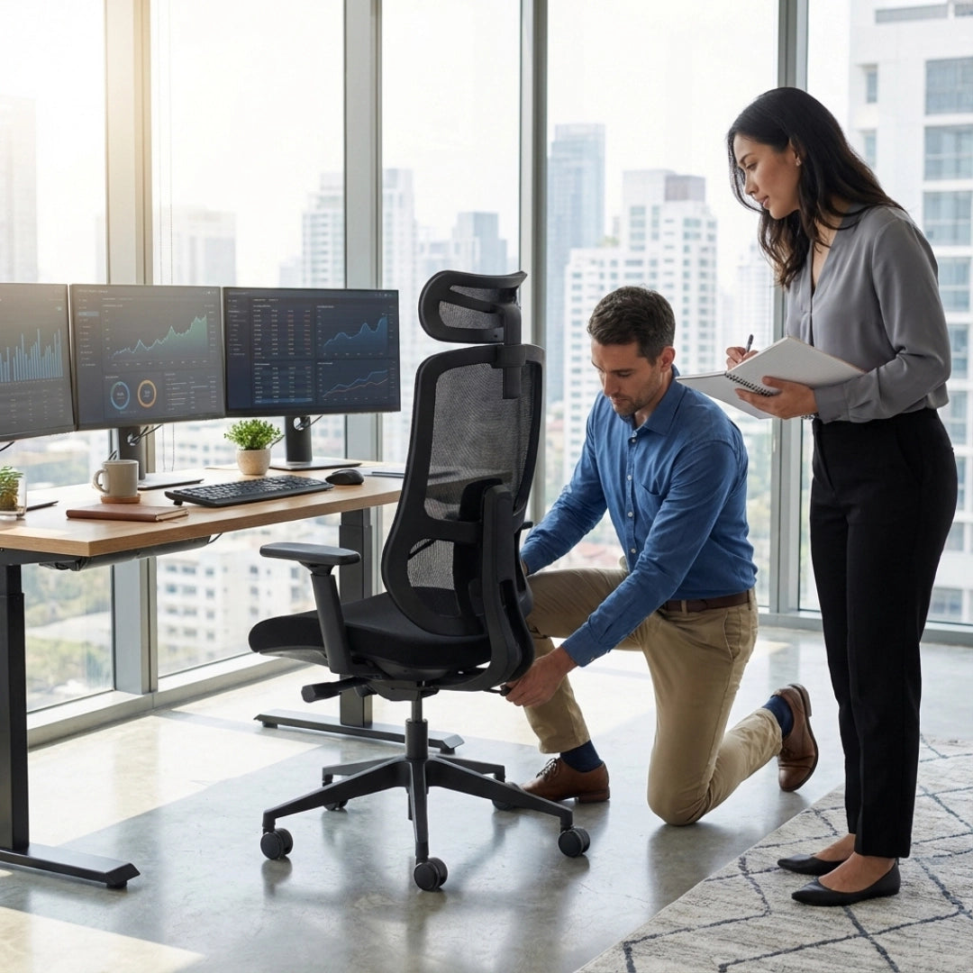 The product is an ergonomic office chair, specifically the Valor model. The image shows a modern office setting with a man adjusting the chair while a woman observes and takes notes. There are multiple computer monitors displaying data in the background, indicating a professional work environment.