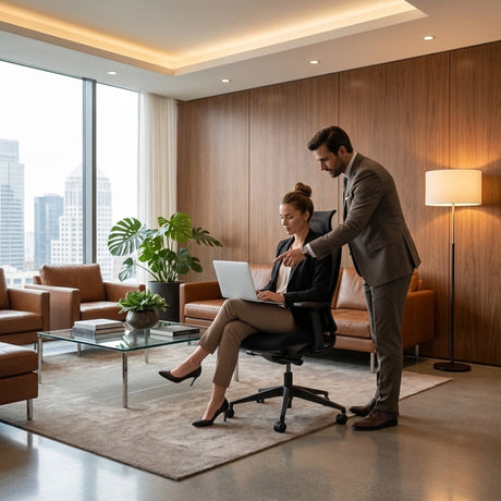 The image features an ergonomic office chair, specifically the Valor model. It shows a professional setting where a woman is seated at a desk using a laptop, while a man stands beside her, pointing at the screen. The environment includes modern furniture, large windows with a city view, and decorative plants, creating a stylish and comfortable workspace.