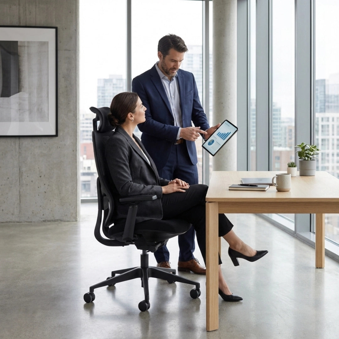The image features an ergonomic office chair from the Valor brand. In the scene, a woman is seated in the chair while a man stands beside her, pointing at a tablet displaying data. The office setting has large windows with a city view, and a wooden desk with a few items, including a plant and a notebook.