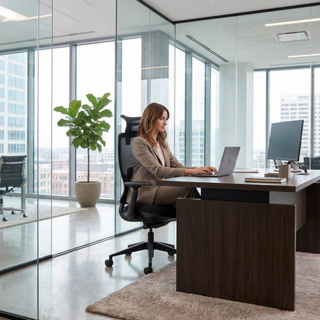 The image features an ergonomic office chair, specifically the Valor model. A woman is seated at a modern desk, working on a laptop, with a large window showcasing a city view in the background. The office space is bright and contemporary, enhanced by a decorative plant beside her.