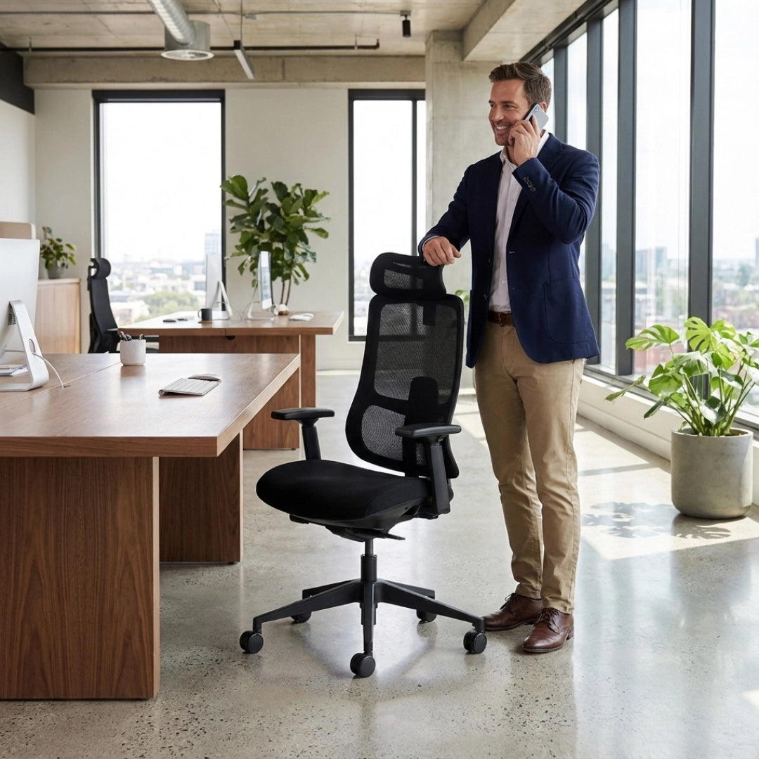 The product is an ergonomic office chair, specifically the Valor model. The image shows a man standing next to the chair in a modern office setting, engaged in a phone call. The chair features a mesh back for breathability and adjustable armrests, positioned in front of a wooden desk with a computer and plants in the background.