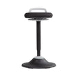 The product is a sit-stand stool designed for ergonomic support, promoting a balance between sitting and standing. It features a round base for stability and a comfortable padded seat with a handle for easy movement. The design emphasizes posture and flexibility, making it suitable for modern office environments.