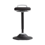 The product is a sit-stand stool designed for ergonomic support, promoting a balance between sitting and standing. It features a round base for stability and a comfortable padded seat with a handle for easy movement. The design emphasizes posture and flexibility, making it suitable for modern office environments.