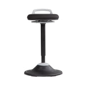 The product is a sit-stand stool designed for ergonomic support, promoting a balance between sitting and standing. It features a round base for stability and a comfortable padded seat with a handle for easy movement. The design emphasizes posture and flexibility, making it suitable for modern office environments.