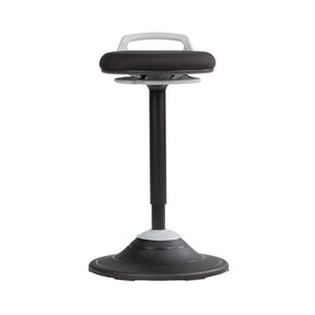 The product is a sit-stand stool designed for ergonomic support, promoting a balance between sitting and standing. It features a round base for stability and a comfortable padded seat with a handle for easy movement. The design emphasizes posture and flexibility, making it suitable for modern office environments.