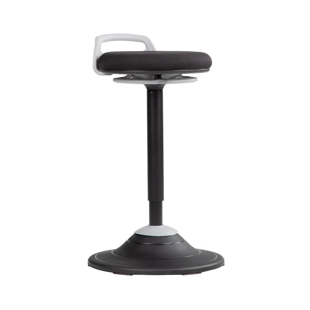 The product is an ergonomic sit-stand stool designed for balance and active seating. It features a padded seat with a supportive backrest, a height-adjustable pole, and a wide, stable base. The design promotes movement and encourages a healthier posture while working.