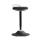 The product is an ergonomic sit-stand stool designed for balance and active seating. It features a padded seat with a supportive backrest, a height-adjustable pole, and a wide, stable base. The design promotes movement and encourages a healthier posture while working.