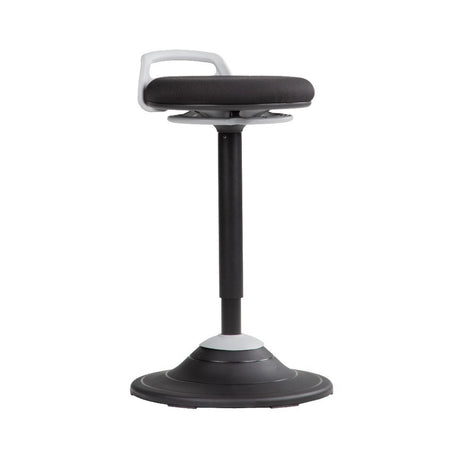 The product is an ergonomic sit-stand stool designed for balance and active seating. It features a padded seat with a supportive backrest, a height-adjustable pole, and a wide, stable base. The design promotes movement and encourages a healthier posture while working.