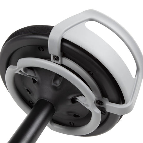 The product depicted is a sit-stand stool designed for ergonomic use, promoting active sitting and balance. The image shows the underside of the stool, highlighting a sturdy base with a handle for easy maneuverability. The design emphasizes functionality and comfort, suitable for modern office environments.