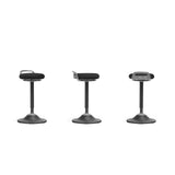 The product is a sit-stand stool designed for ergonomic support, promoting active sitting and balance. It features a sleek design with a padded seat and a stable base, allowing for height adjustment. The stool is shown from three angles, highlighting its modern aesthetic and functional design.