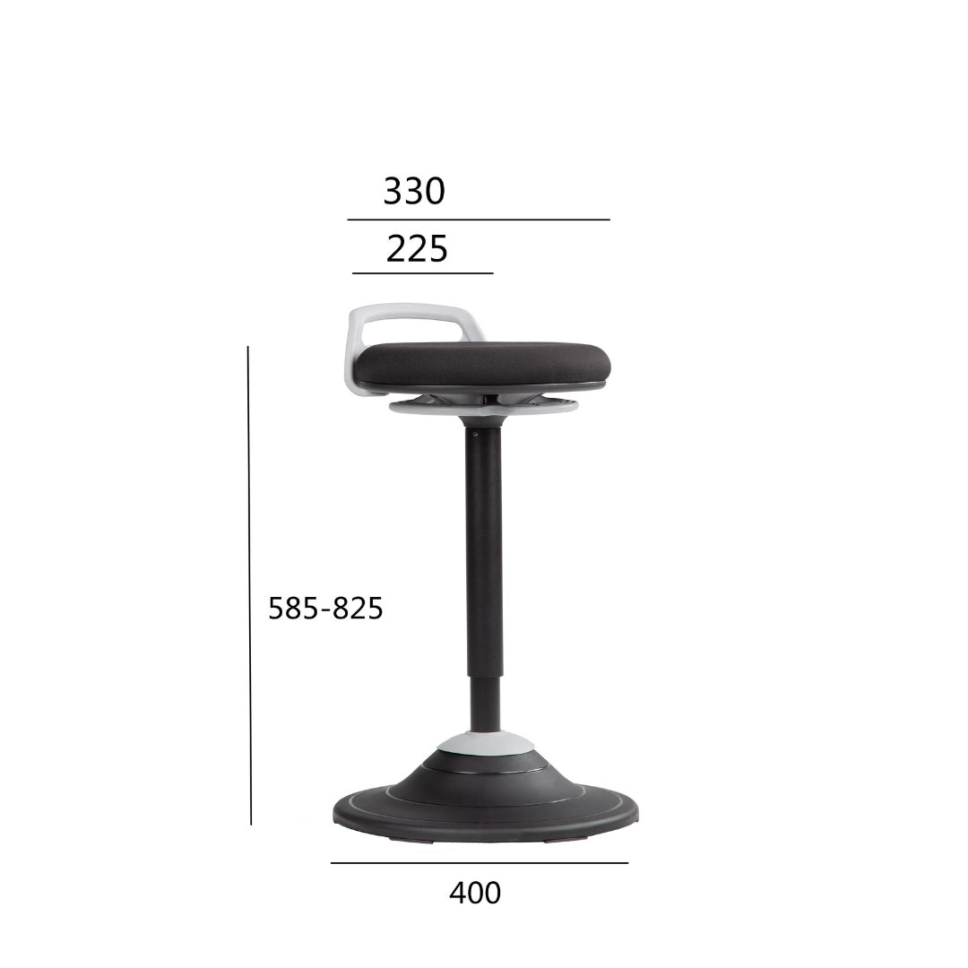 The product is a sit-stand stool designed for ergonomic comfort in office settings. It features a height-adjustable design, allowing users to alternate between sitting and standing positions. The stool has a padded seat and a sturdy base, providing stability and support during use.