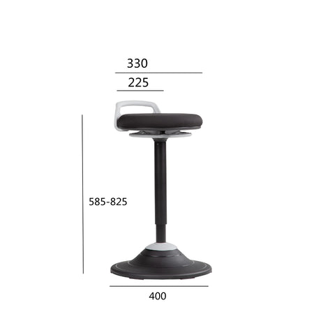 The product is a sit-stand stool designed for ergonomic comfort in office settings. It features a height-adjustable design, allowing users to alternate between sitting and standing positions. The stool has a padded seat and a sturdy base, providing stability and support during use.
