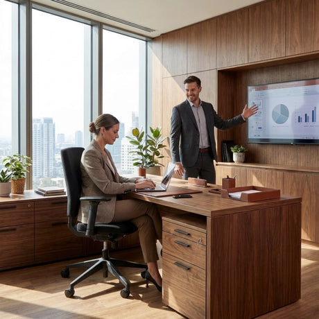 The image features an ergonomic office chair, designed for comfort and support during long hours of work. It shows a professional office setting where a woman is seated at a desk using a laptop, while a man stands nearby presenting information on a screen. The room has large windows with a city view and is decorated with plants, creating a modern and inviting atmosphere.