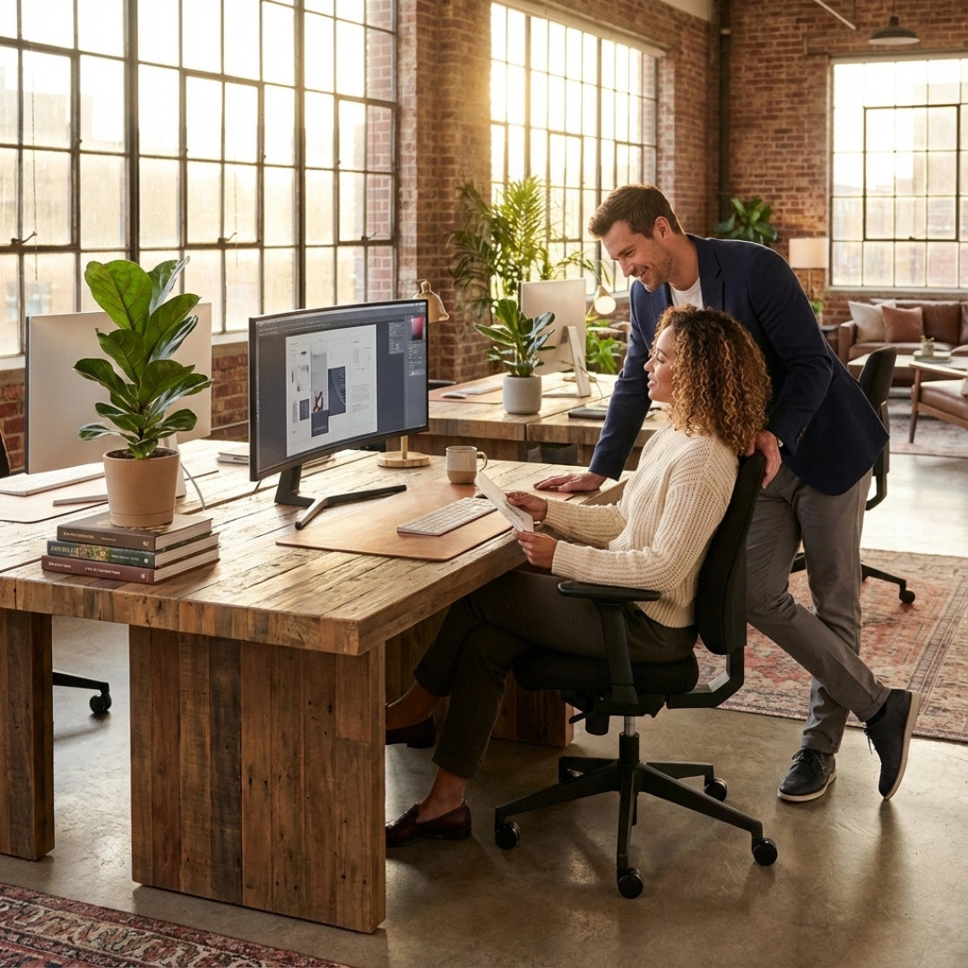 The image features an ergonomic office chair designed for comfort and support during long hours of work. The setting showcases a modern office environment with large windows, wooden desks, and greenery, creating a bright and inviting atmosphere. A woman is seated in the chair, engaging with a computer, while a man stands beside her, indicating collaboration.