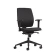 The product is an ergonomic office chair designed for comfort and support during long hours of work. It features a simple, modern design with a black fabric upholstery, adjustable armrests, and a five-point base with wheels for mobility. The chair is likely intended for use in home or office settings.