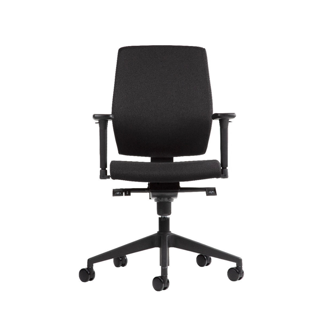 The product is an ergonomic office chair, designed for comfort and support during long hours of sitting. It features a simple, modern design with a black fabric upholstery, adjustable armrests, and a five-point base with wheels for mobility. The chair's structure emphasizes ergonomic principles to promote better posture.