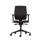 The product is an ergonomic office chair, designed for comfort and support during long hours of sitting. It features a simple, modern design with a black fabric upholstery, adjustable armrests, and a five-point base with wheels for mobility. The chair's structure emphasizes ergonomic principles to promote better posture.