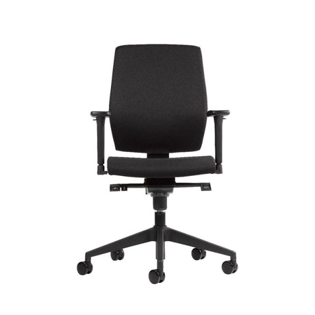 The product is an ergonomic office chair, designed for comfort and support during long hours of sitting. It features a simple, modern design with a black fabric upholstery, adjustable armrests, and a five-point base with wheels for mobility. The chair's structure emphasizes ergonomic principles to promote better posture.