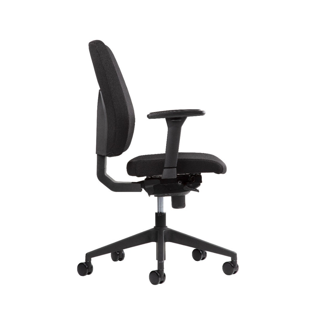 The product is an ergonomic office chair, designed for comfort and support during long hours of sitting. It features a simple, modern design with a black fabric upholstery, adjustable armrests, and a five-star base with wheels for easy mobility. The chair is shown from the side, highlighting its ergonomic backrest and seat structure.