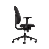 The product is an ergonomic office chair, designed for comfort and support during long hours of sitting. It features a simple, modern design with a black fabric upholstery, adjustable armrests, and a five-star base with wheels for easy mobility. The chair is shown from the side, highlighting its ergonomic backrest and seat structure.