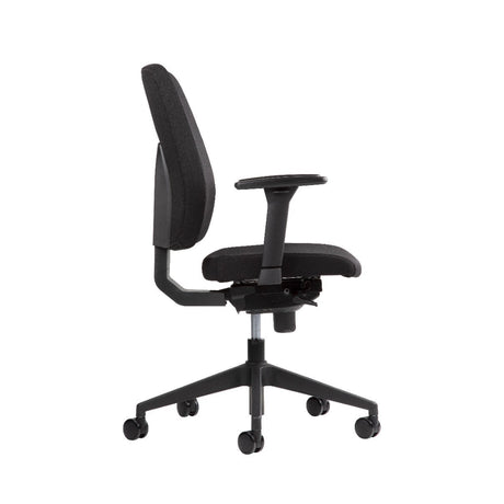 The product is an ergonomic office chair, designed for comfort and support during long hours of sitting. It features a simple, modern design with a black fabric upholstery, adjustable armrests, and a five-star base with wheels for easy mobility. The chair is shown from the side, highlighting its ergonomic backrest and seat structure.
