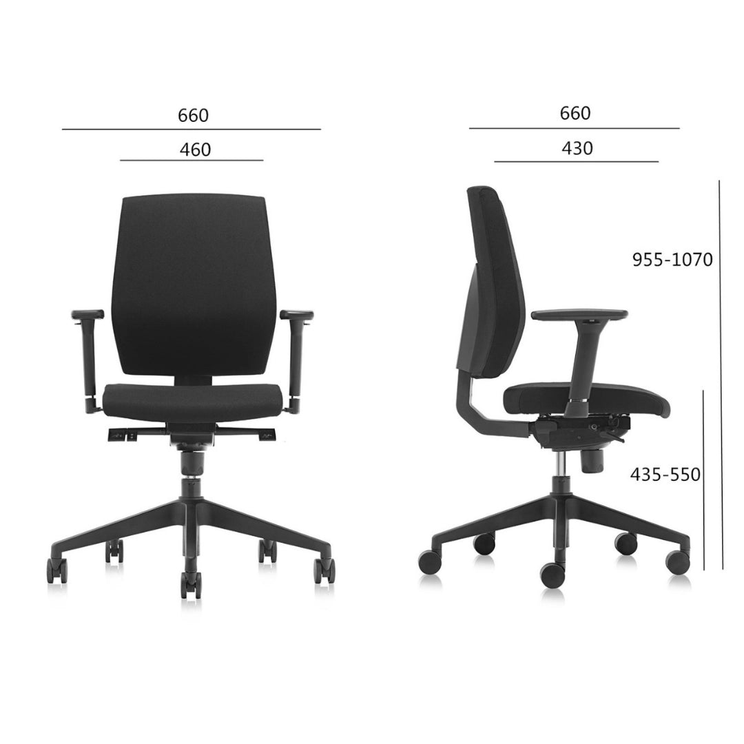 The product is an ergonomic office chair, specifically the "Basic" model. The image shows the chair from both the front and side views, highlighting its sleek design, adjustable armrests, and a sturdy base with wheels for mobility. Dimensions are also indicated, showcasing its adjustable height and overall proportions.