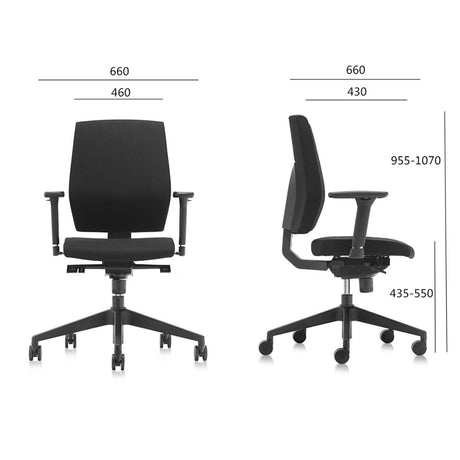 The product is an ergonomic office chair, specifically the "Basic" model. The image shows the chair from both the front and side views, highlighting its sleek design, adjustable armrests, and a sturdy base with wheels for mobility. Dimensions are also indicated, showcasing its adjustable height and overall proportions.