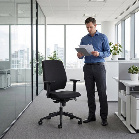 The product is an ergonomic office chair, specifically the "Basic" model. The image shows a man standing next to the chair in a modern office environment, holding documents. The chair features a simple black design with armrests and is positioned on a carpeted floor, with large windows and greenery in the background.