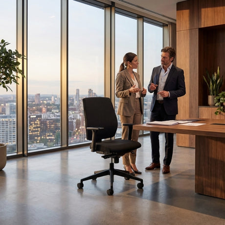 The image features an ergonomic office chair, specifically the "ergonomic-office-chair-basic" model. The chair has a sleek design with a black fabric covering and is positioned in a modern office setting. Two professionals, a man and a woman, are engaged in conversation near a large window that offers a city view, highlighting a contemporary and stylish workspace.