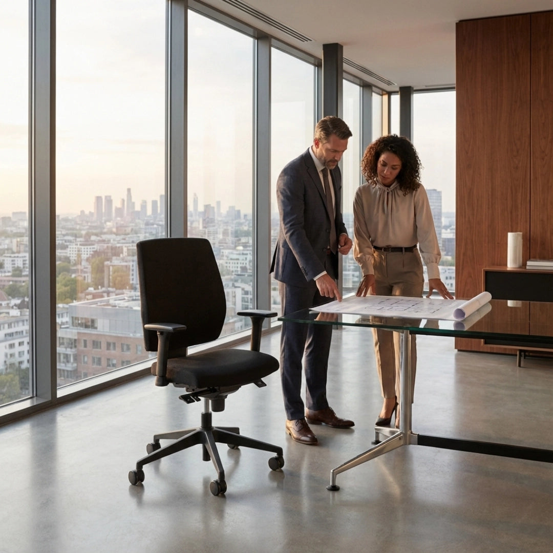 The image features an ergonomic office chair, likely designed for comfort and support during long hours of work. The setting is a modern office with large windows showcasing a cityscape. Two professionals, a man and a woman, are engaged in discussion over plans laid out on a glass table, while the chair is positioned nearby, emphasizing its role in a collaborative workspace