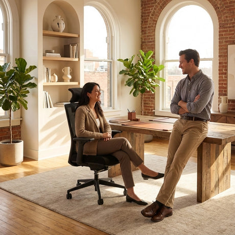 The image features an ergonomic office chair, designed for comfort and support during long hours of work. The scene depicts a modern office setting with a woman sitting in the chair, smiling at a man who is standing nearby. The room is well-lit, showcasing large windows and greenery, creating a welcoming atmosphere.