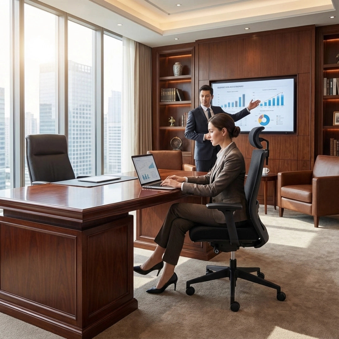 The product is an ergonomic office chair, designed for comfort and support during long hours of work. In the image, a woman is seated at a modern wooden desk, using a laptop, while a man stands in the background presenting information on a screen. The office setting is sleek and professional, featuring large windows with a city view.