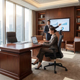 The product is an ergonomic office chair, designed for comfort and support during long hours of work. In the image, a woman is seated at a modern wooden desk, using a laptop, while a man stands in the background presenting information on a screen. The office setting is sleek and professional, featuring large windows with a city view.