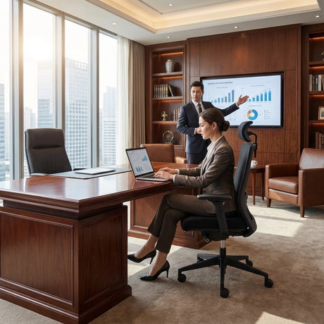 The product is an ergonomic office chair, designed for comfort and support during long hours of work. In the image, a woman is seated at a modern wooden desk, using a laptop, while a man stands in the background presenting information on a screen. The office setting is sleek and professional, featuring large windows with a city view.