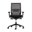 The product is an ergonomic office chair designed for comfort and support during long hours of sitting. It features a mesh backrest for breathability and a padded seat for added comfort. The chair has adjustable armrests and a five-point base with wheels for easy mobility.